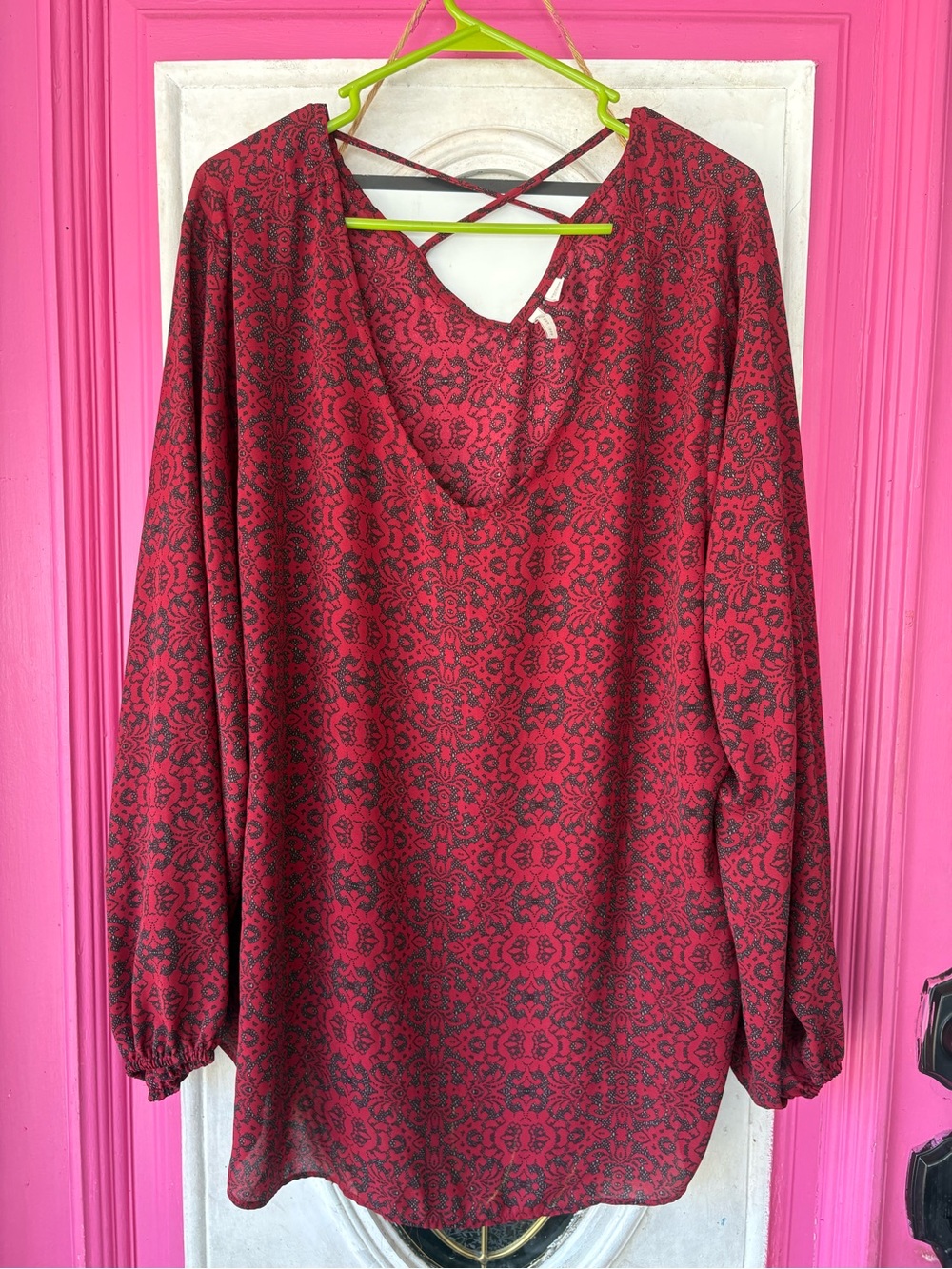 Cato Red and Black V-Neck Long Sleeve Tunic with Crisscross Back